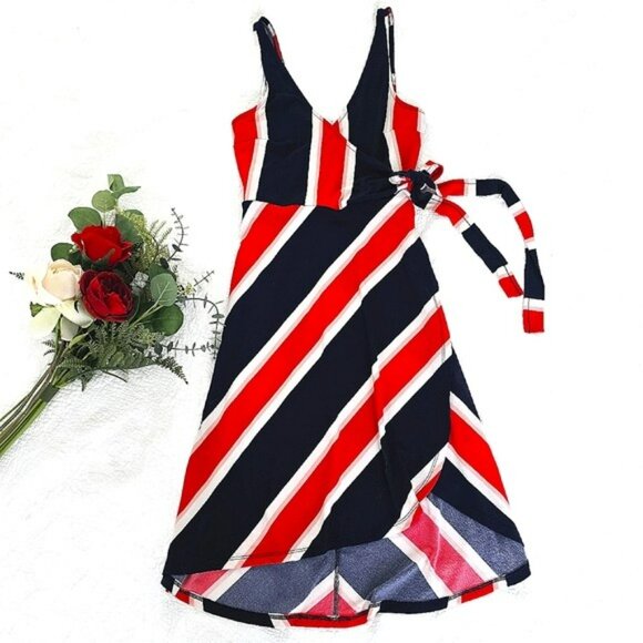 Express Women's Faux Mini Wrap Dress Size Small Navy Blue Red White Sleeveless - Picture 14 of 14